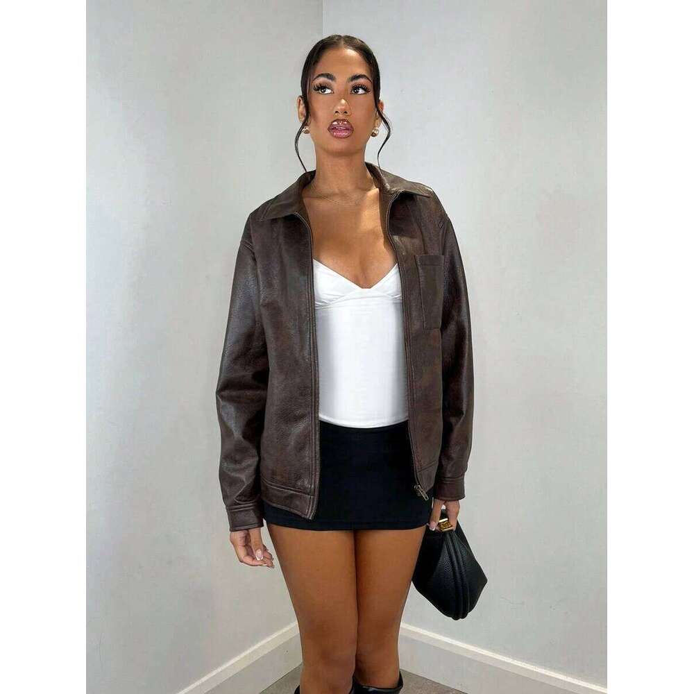 Solid Color Zipper Casual Versatile Long Sleeve Brown Faux Mottled Texture Belted Hem Vintage Distressed Leather Women Thanksgiving Winter Jacket