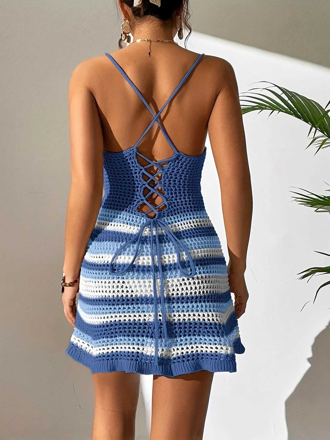 Semi Sheer Crochet Dress with Keyhole Twist Front Lace-up Back Open-knit Mini Dress Beach Bikini Cover Up Summer Vacation Wear M260304