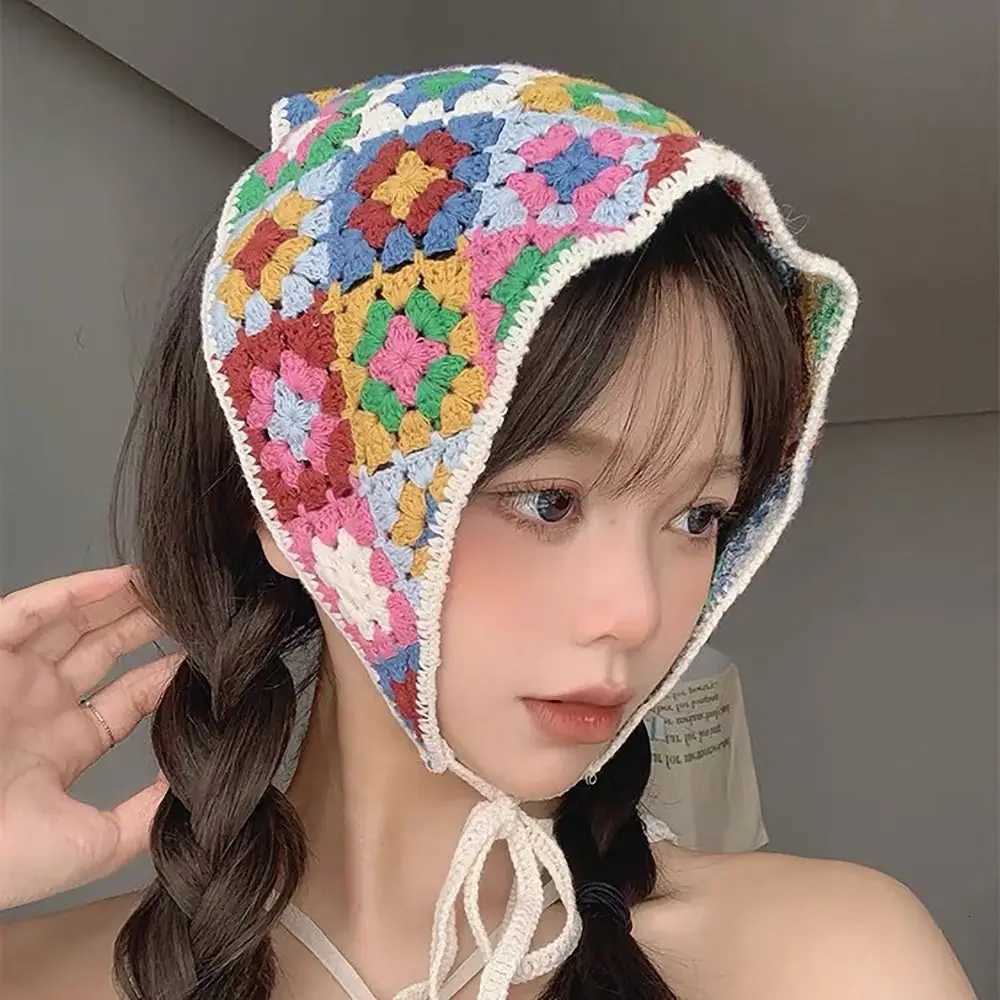 Knitted Triangle Headband French Pastoral Style Little Flower Headband Towel Handmade Crochet Headscarf Hat Spring Summer H260304 - view 3
