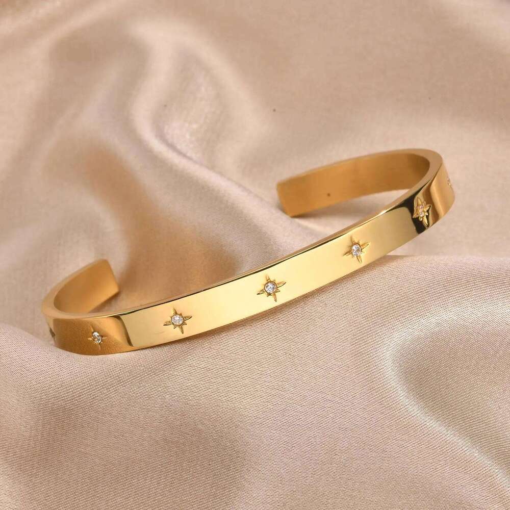 Open Adjustable Star Starburst Cuff Bangle Bracelet for Women Stainless Steel Cubic Zirconia Inlay Charm Layered Jewelry XJ260303