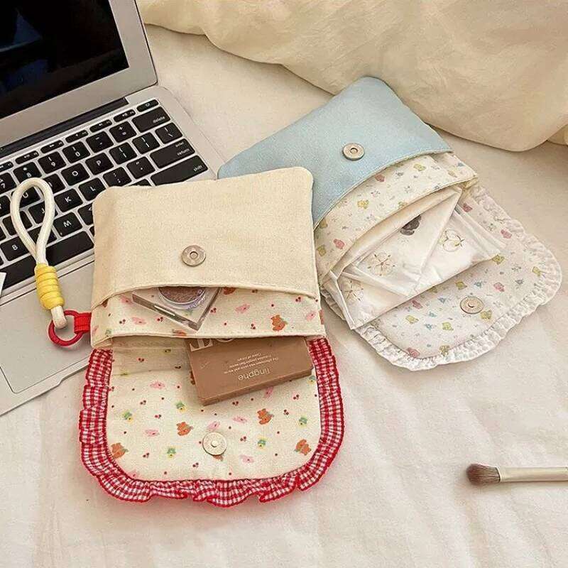 Canvas Coin Purse Compact Cosmetics Pouch Double-Layer Organizer Portable Sanitary Napkin Bag Gifts For Women Work C260304