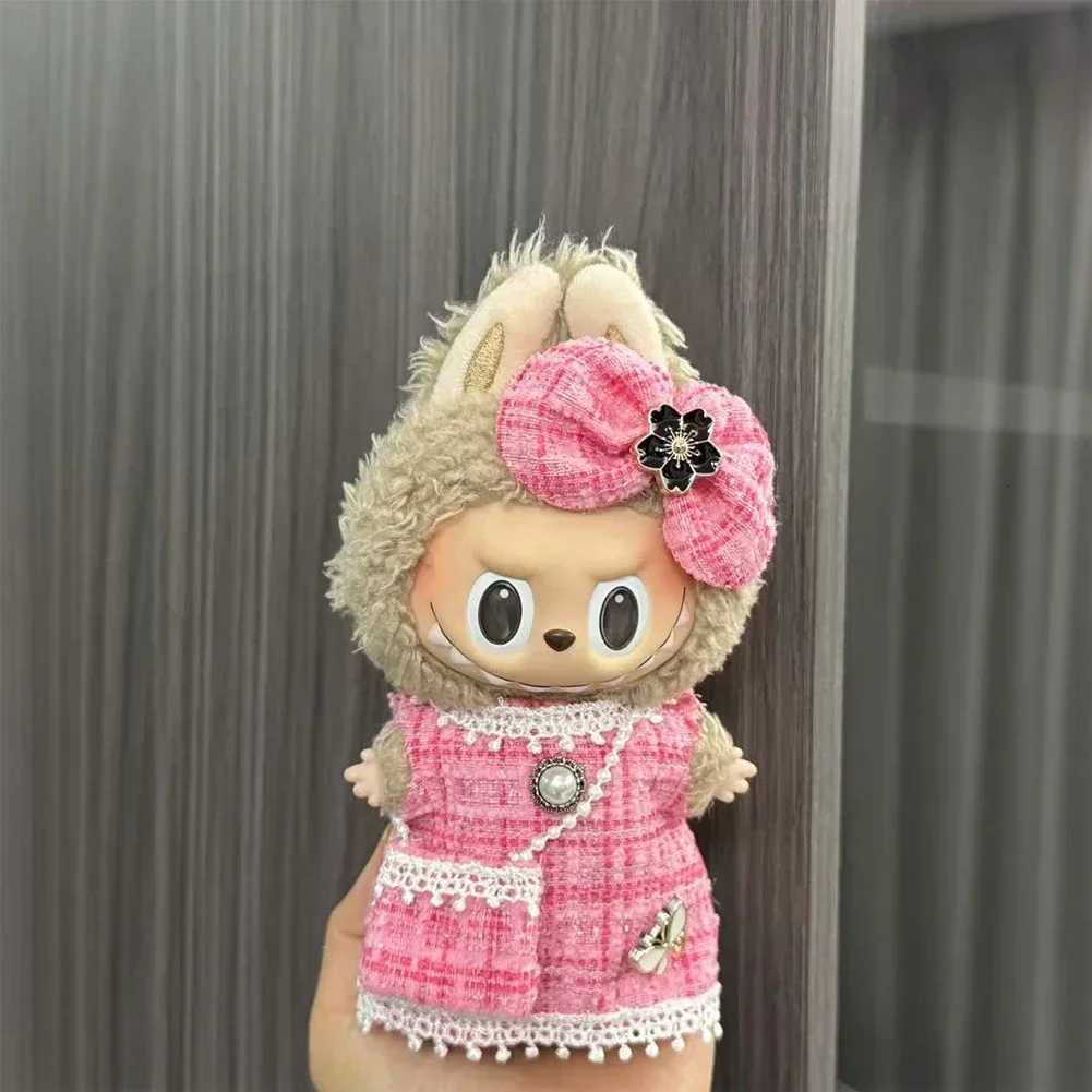 Pink Tweed Dress Set with 3D Flower & Pearl Chain for 17cm Labubu Dolls Luxury Outfit Accessories Girl GiftT260304