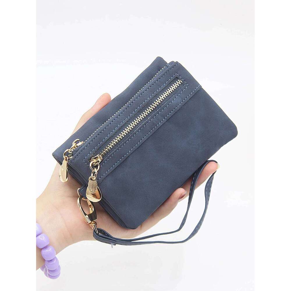 Retro double fold PU leather short wallet with zipper coin pocket multiple slots and wrist band casual portable card clip C260304