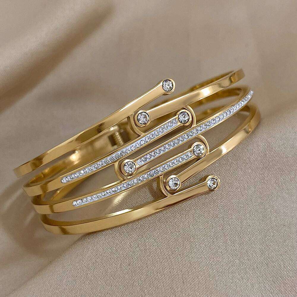 Greatera Inlaid Cubic Zirconia Intersect Stainless Steel Bangles Bracelets for Women Chunky Gold Plated Waterproof Jewelry 2023 XJ260303