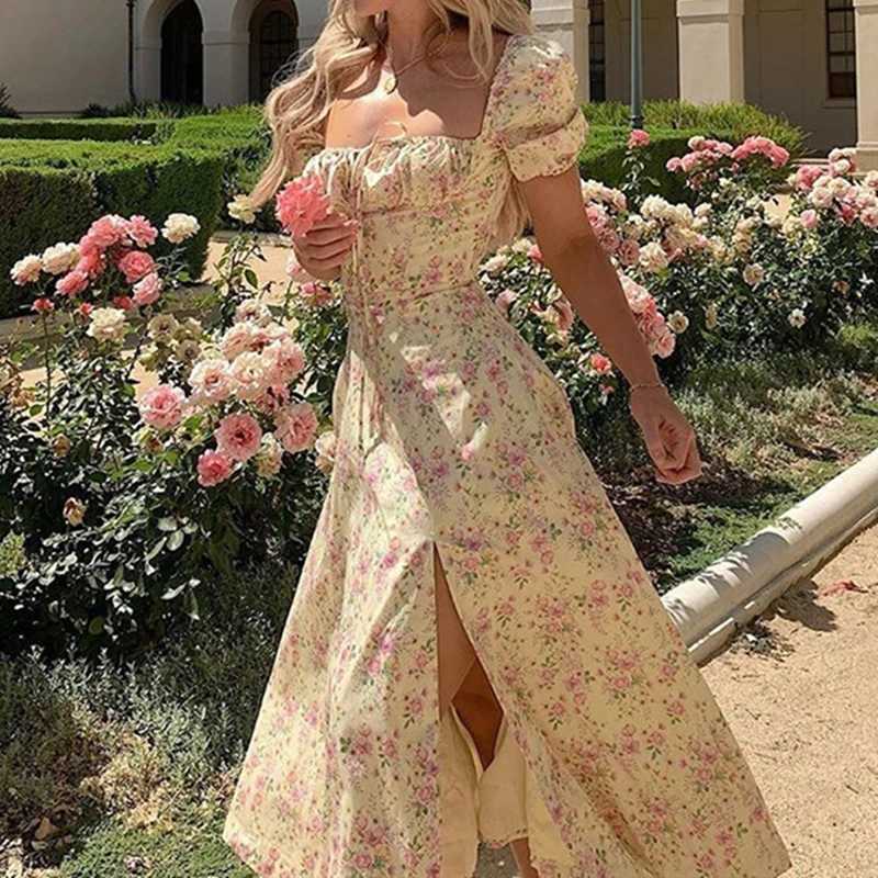 Women Floral Print Split Dress Sweet Puff Short Sleeve Square Collar Slim Fit Maxi Dress Holiday Summer Casual Sexy A-Line Dress M260304