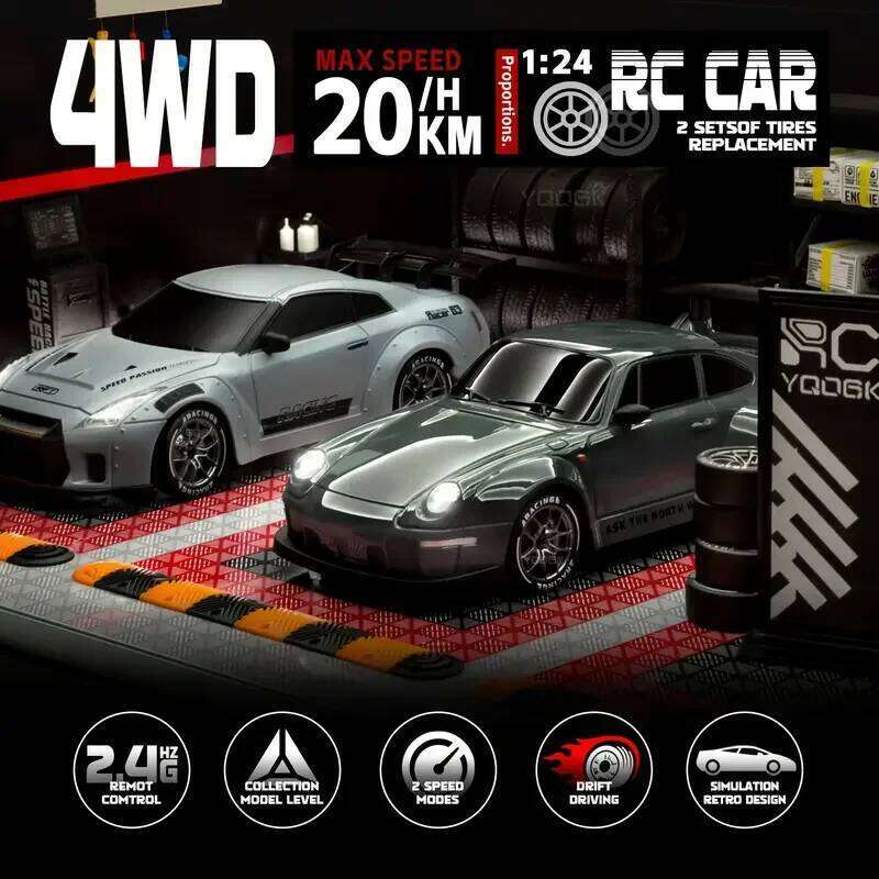 New Drift 1:24 Remote Control 20KM/H 4WD High Speed RC Car with LED Lights Extra Drifting Tires Vehicle for Adult Kid Z260303