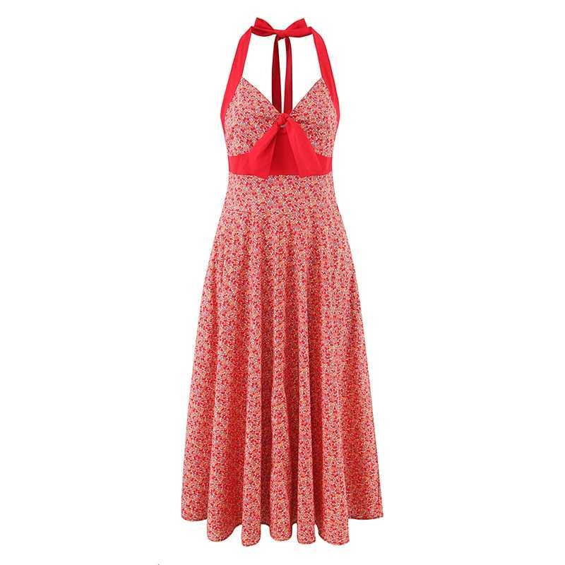 Comfortable sleeveless backless long skirt holiday style suspender elegant lace up dress fashionable party summer printed dress M260304