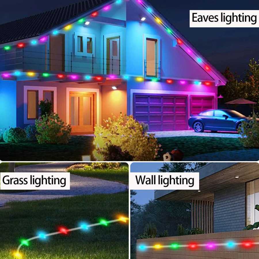 Smart WIFI RGB Eaves LED Lights Permanent Outdoor Waterproof Lights String APP Bluetooth Light Strip Scene Modes House Party H260304