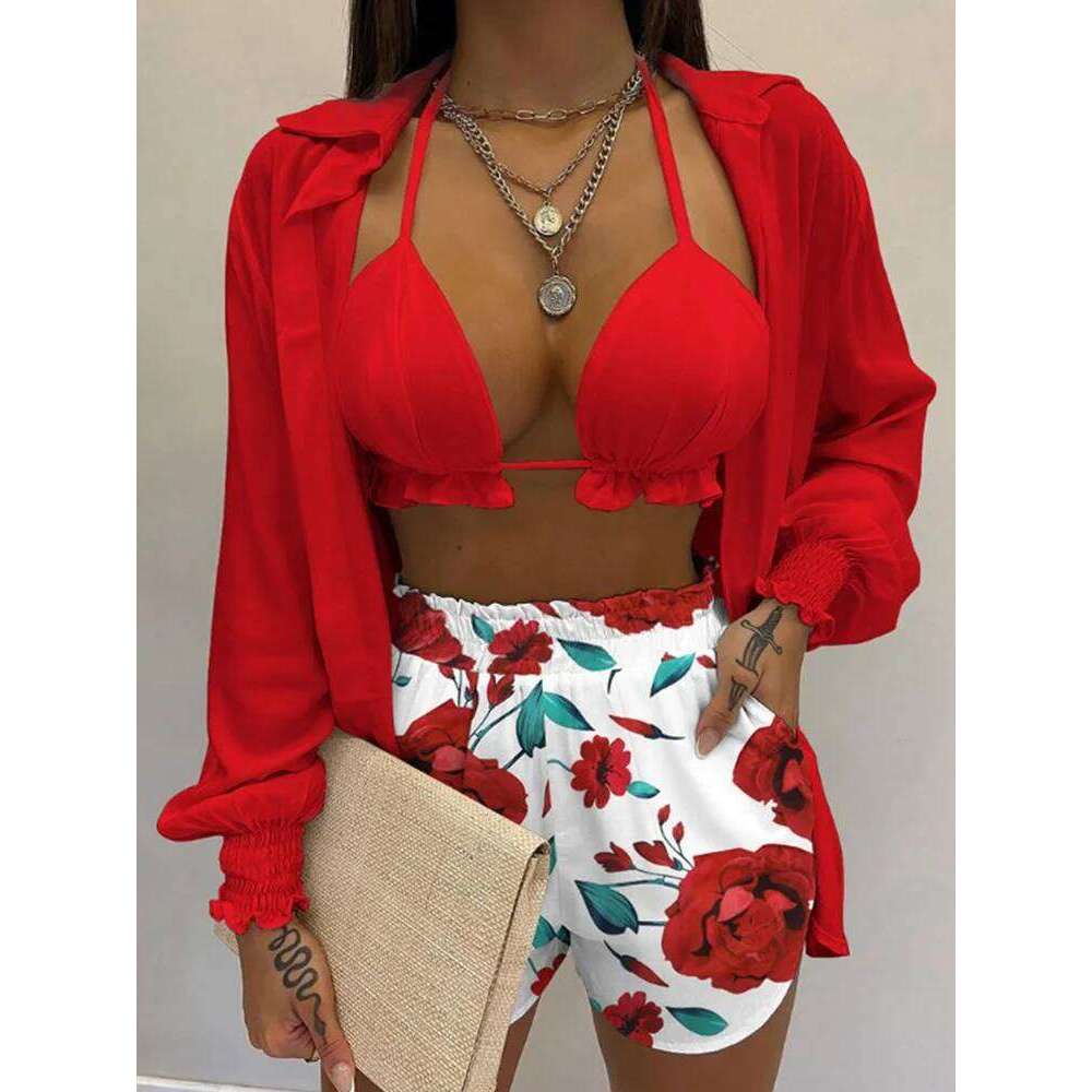 2024 New Bathing Suit Shorts Cover Up Summer Three Pieces Swimwear Sexy Beachwear High Waist Bikini Set Print Women's Swimsuit Y260303