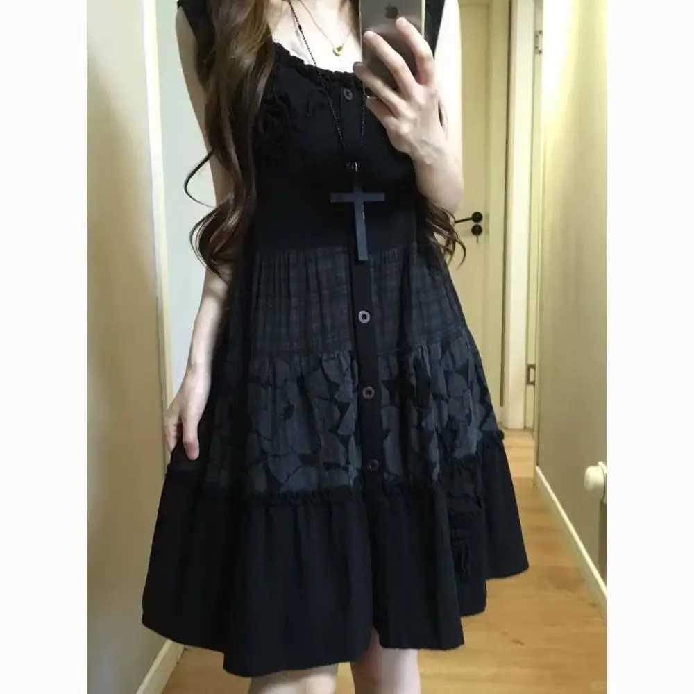 Vintage Black Print Loose Sling Dress Womens Summer New Retro Sleeveless Sweet Dresses Design Hepburn Gothic Patchwork Outfits M260304