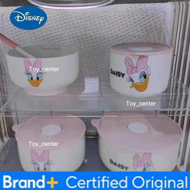Disney Anime Mickey Mouse Minnie Cartoon Tableware Ceramic Bowl With Lid Microwave Oven Soup Bowl 3pcs Student Thicken Lunch Box H260304