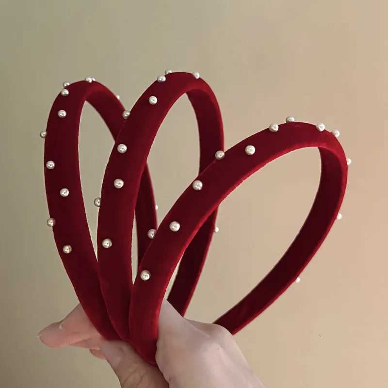 French vintage sweet wine red pearl velvet headband girls go out with everything simple fine edge headband headwear H260304 - view 4