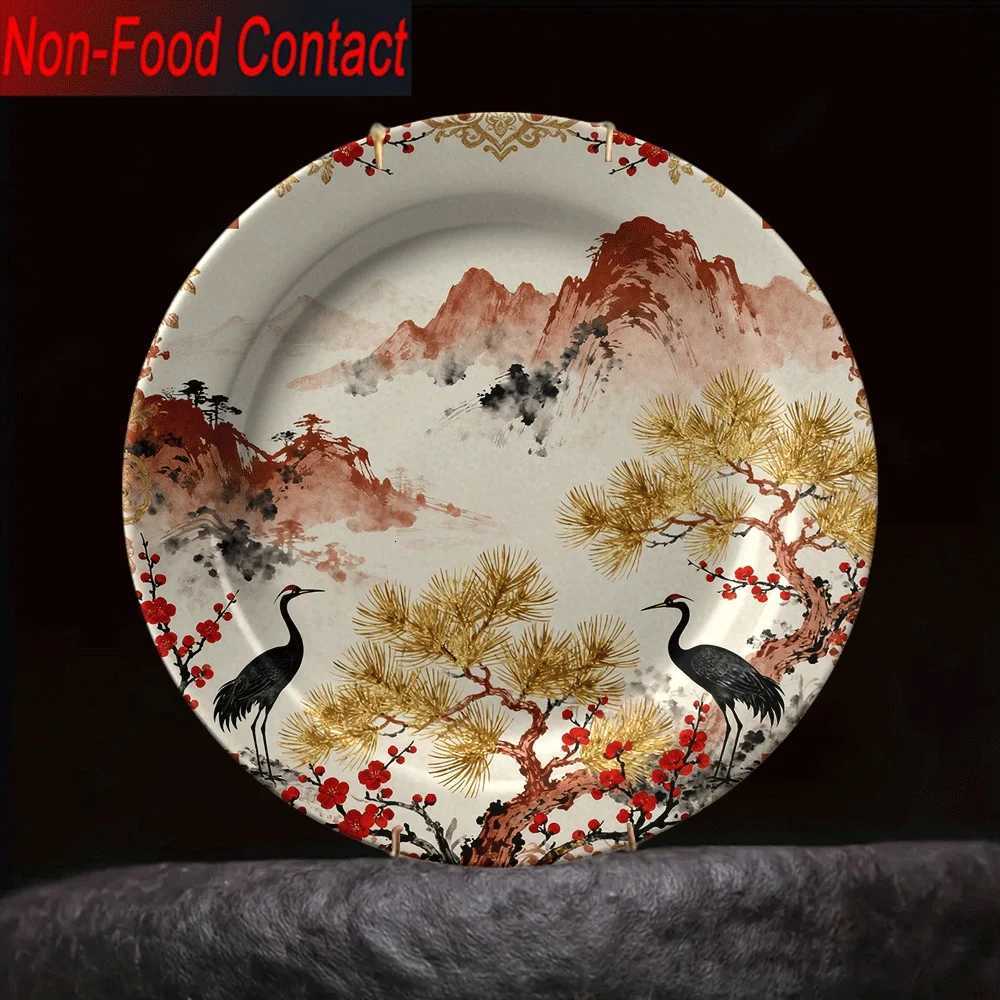 This traditional Chinese decorative plate with cranes and pine trees brings longevity and elegance to your home decor.T260304