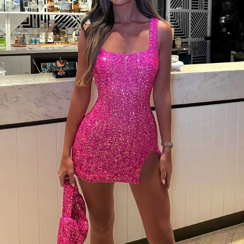 Sexy Backless Split Club Party Dress Shiny Sequined Sleeveless Slim Fit Womens Dress Fashion Square Neck High Waist Short Dress M260304