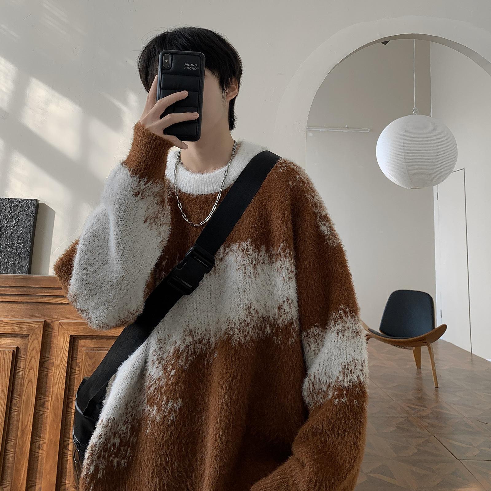 Mens Round Neck Sweater Winter Thickened and Warm Casual Style for Teenagers Trendy American Style Color-Block Knitwear Jacket 240820