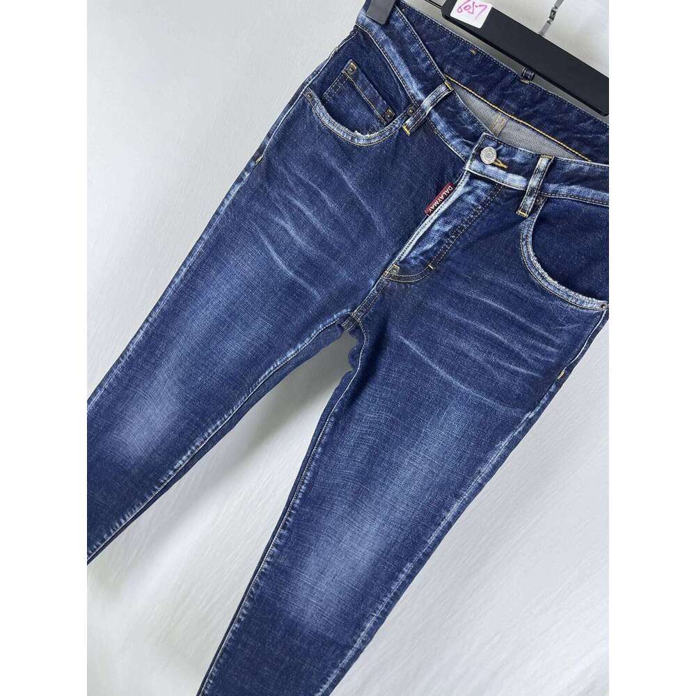 6057 Four Seasons New D2 Jeans Men's Washed Ripped Patch Paint Printed Feet Blue 26Y0304