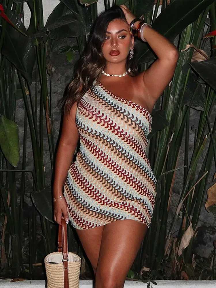 Irregular Printed Knitted Mini Dress For Women Chic Backless Slanted Shoulder Slim Fit Dresses 2025 Summer Holiday Beach Robes M260304