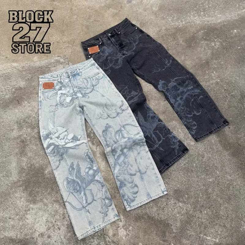 Mens Jeans Harajuku Y2K Angel Baggy Denim Pants Retro High Street Print Loose Straight Fit American Hip Hop Streetwear 260228