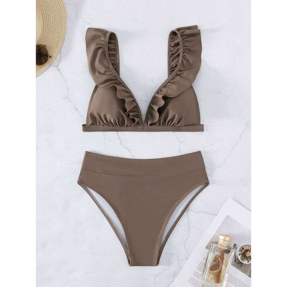 New split solid color bikini for women's pleated multi-color swimsuit Y260303