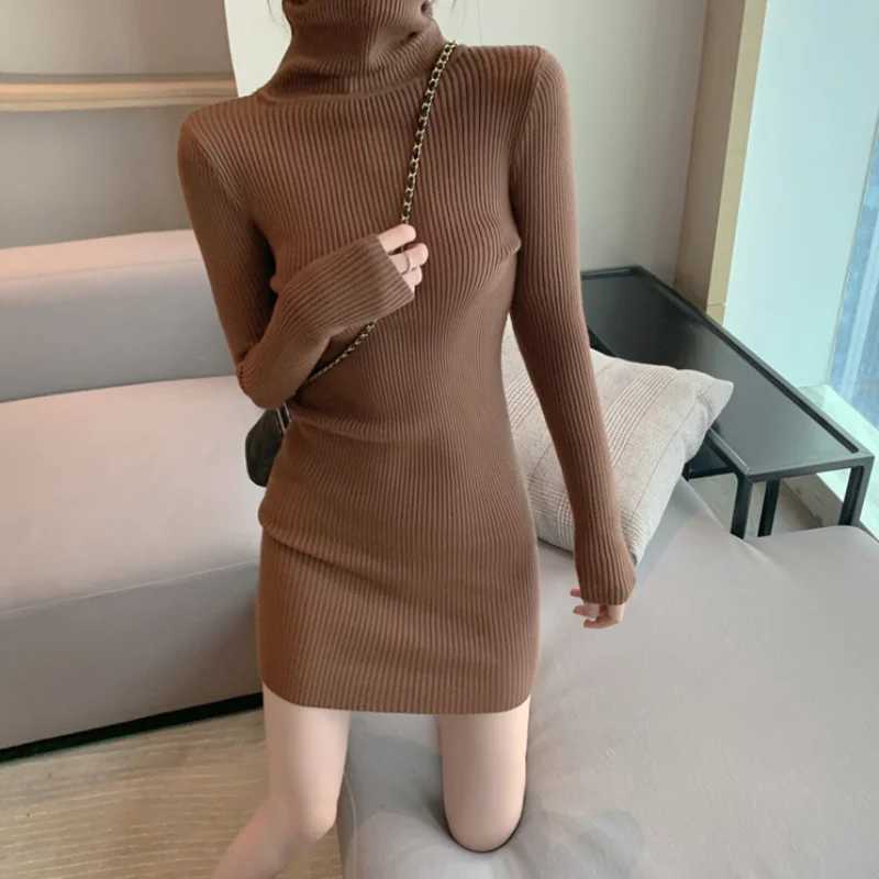 Women Autumn Winter Turtleneck Warm Bodycon Dress Long Sleeve Knit Solid Office Pullover Sexy Mini Dress for Ladies 2025 M260304