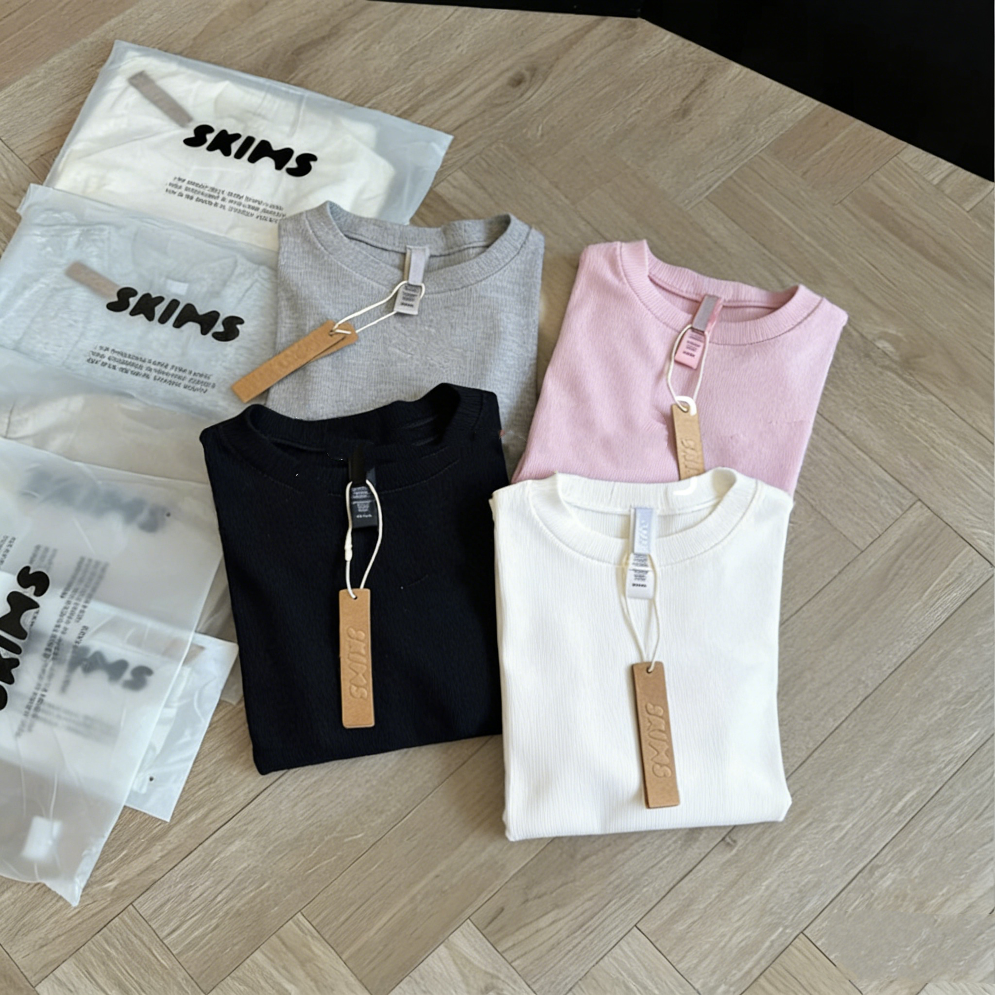 Skims Women Clothes Kim Kardashian Top T-Shirt Short Long Sleeve Stretch Slim Kylie Same Style Ribbed Cotton Crew Neck Base Shirt Tank Vest