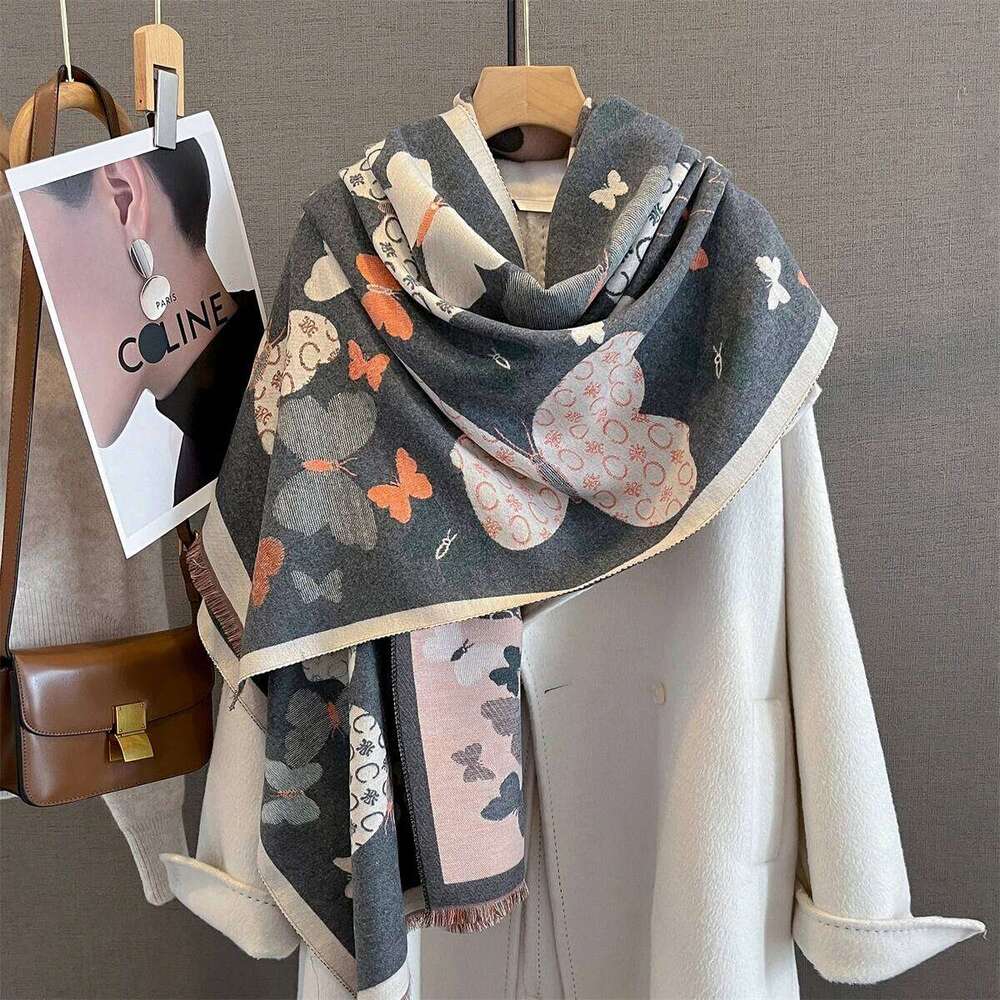 185*65cm Tassel Autumn/Winter Warm Scarf Women's Butterfly Print Imitation Cashmere Thick Shawl Warps Coldproof Blanket XJ260304