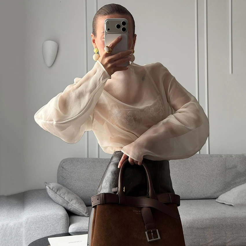 Linad Elegant Brown Mesh O Neck Blouse Women 2025 Sexy Apricot Sheer Shirt Female Autumn Street Chic Loose Long Sleeve Tops 260227