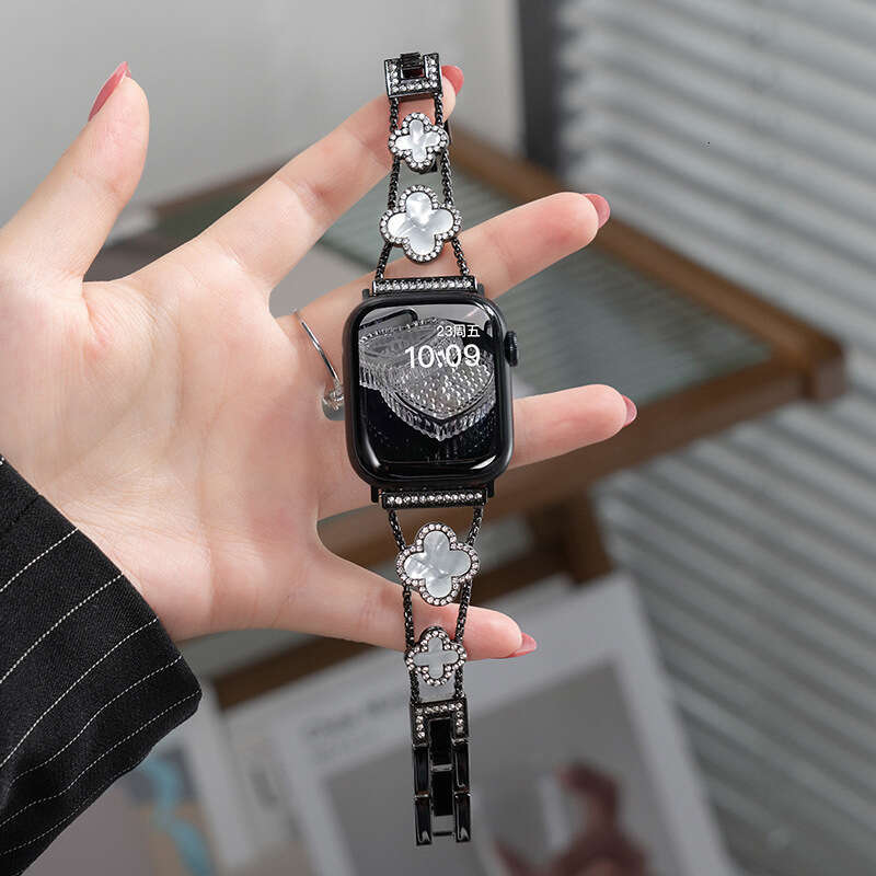Compatible Apple Watch Four-Leaf Clover Inlaid with Diamonds Mother-of-Pearl Women's Metal iWatch 10 Strap - view 8