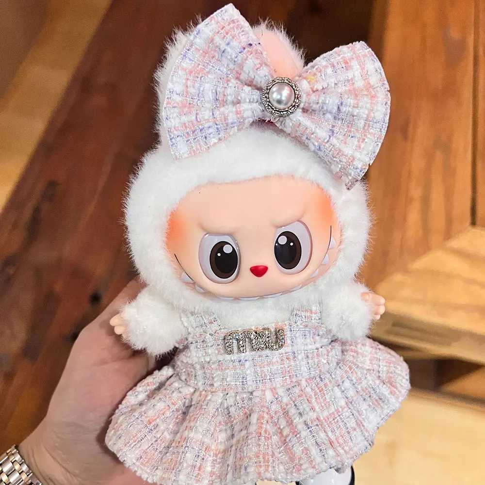 Cute Plush Overalls Set with Knit Hat & Heart Buckle for 17cm Labubu Sitting Party Dolls DIY Gift AccessoriesT260304