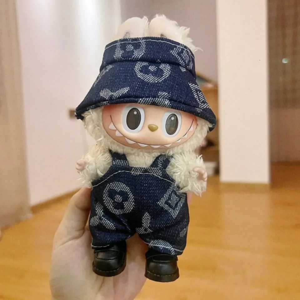 Cute Denim Monogram Overalls Set with Bucket Hat & Shoes for 17cm V1/V2 Labubu Dolls Game Toy DecorationT260304