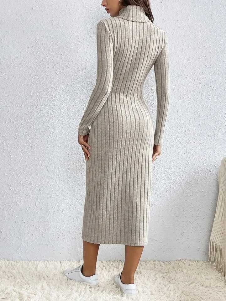 French High Collar Hollow out Side Split Ribbed Dress Elegant Classy Style Womens Fashion M260304