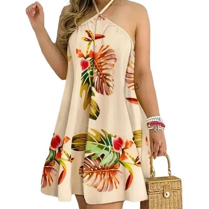 Summer Plus Size 1XL-5XL Womens Fashion Elegant Floral Print Halter Loose Dress Ladies Casual Sleeveless Summer Beach Dress M260304