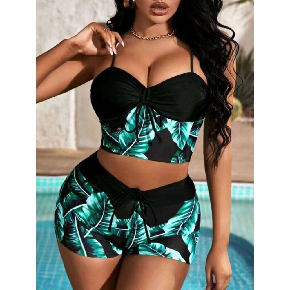 2025 Leaf Batch Swimsuit Women High Waist Bikini Set Drawstring Swimwear Female Padded Bathing Suit Swimming Beachwear Summer Y260303