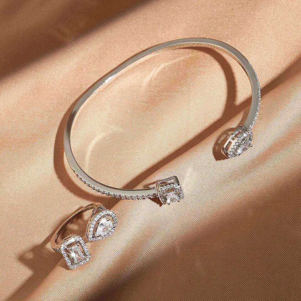 Fashion Cubic Zirconia Water Drop Open Bracelet Ring Women Men Couple Copper Metal Holiday Gift Set Party Daily Jewelry XJ260303