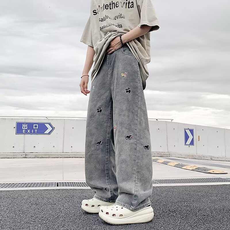 Designer Pants American Retro Style Fun Puppy Embroidered Jeans New Summer High-waisted Slimming Straight Wide-leg Floor-length Pants