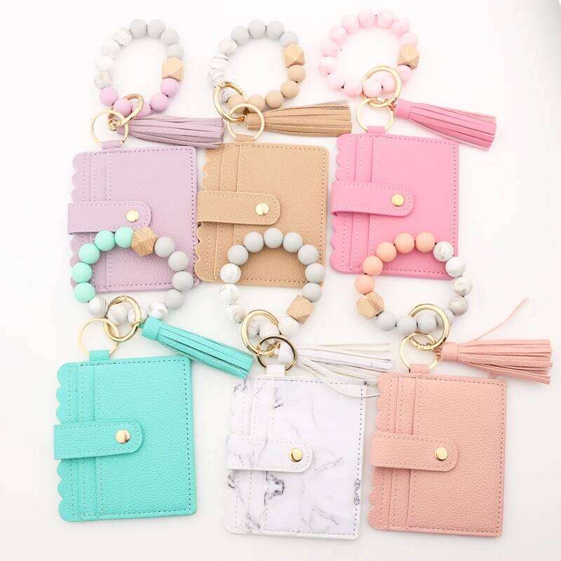 Bead Solid Card Bag Wristlet Keychain Silicone Beaded Bracelet Leather Tassel Wallet Bangle C260304