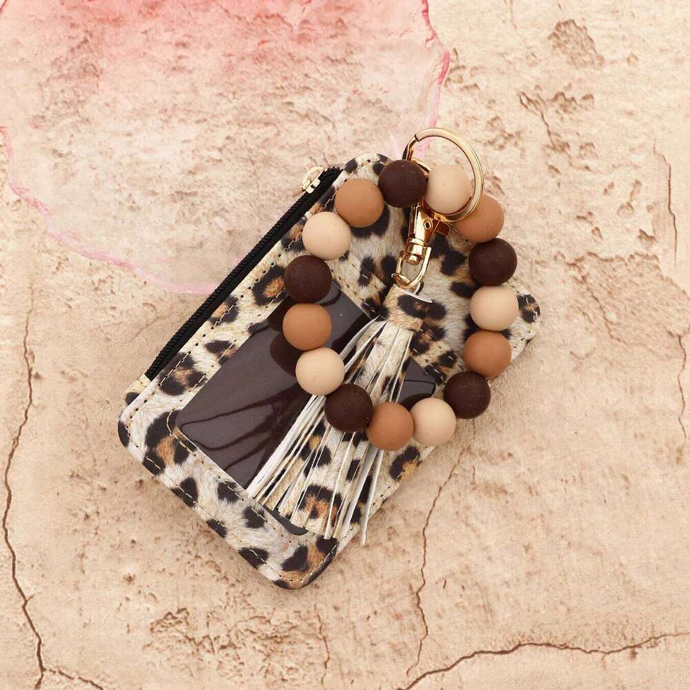 2025 Silicone bead pu leather key chain wristlet id credit card holder keychain wallet for women with bangle bracelet C260304