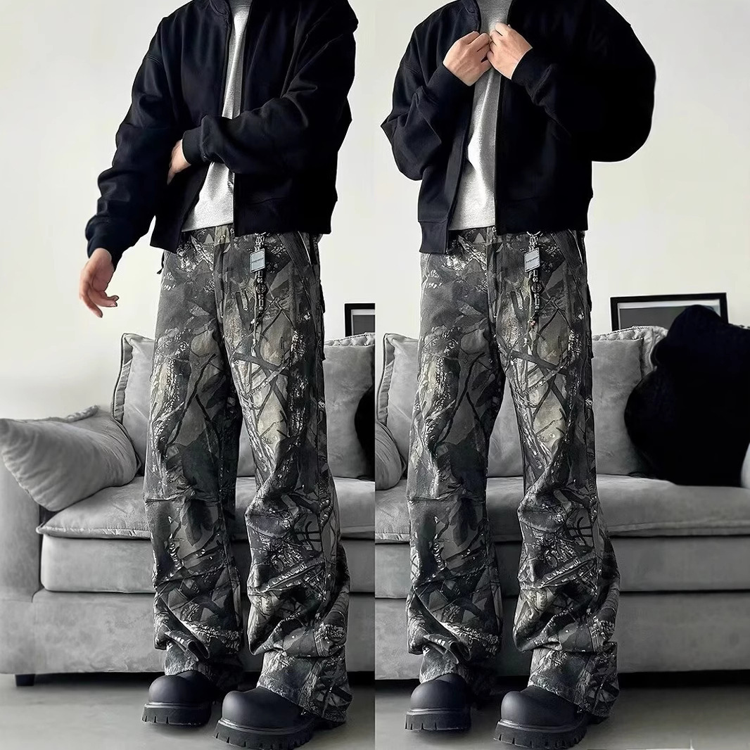 American-style Cleanfit Retro Camouflage Branch-pattern Jeans For Designer Pants Men New Spring And Autumn Versatile Loose Straight Work Pants