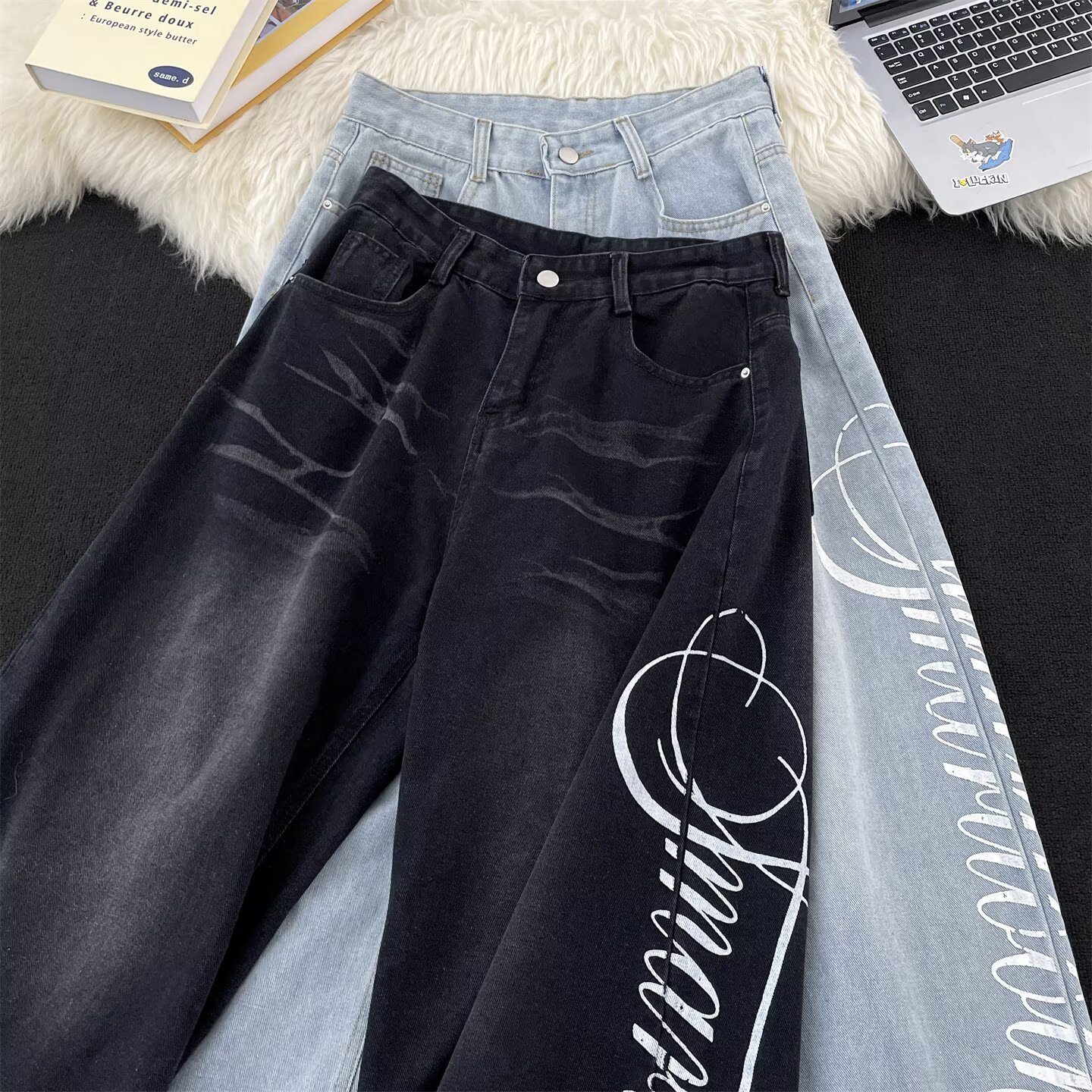 Designer Pants Fall/winter American Retro Washed Denim Jeans For Men Trendy Loose Straight Wide-leg Casual Trousers