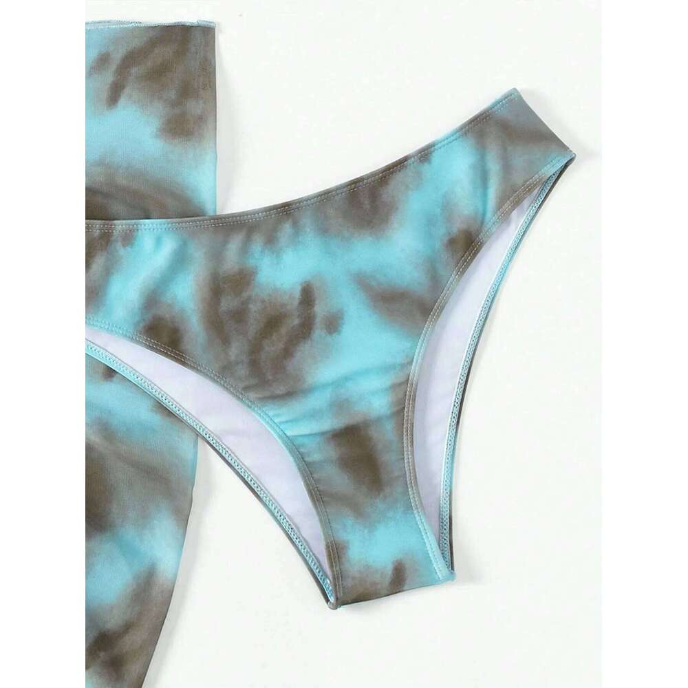 Women's 3 Piece Gradient Tie Dye Bathing Suit Lace Up High Cut Bikini with Beach Skirt Y260303