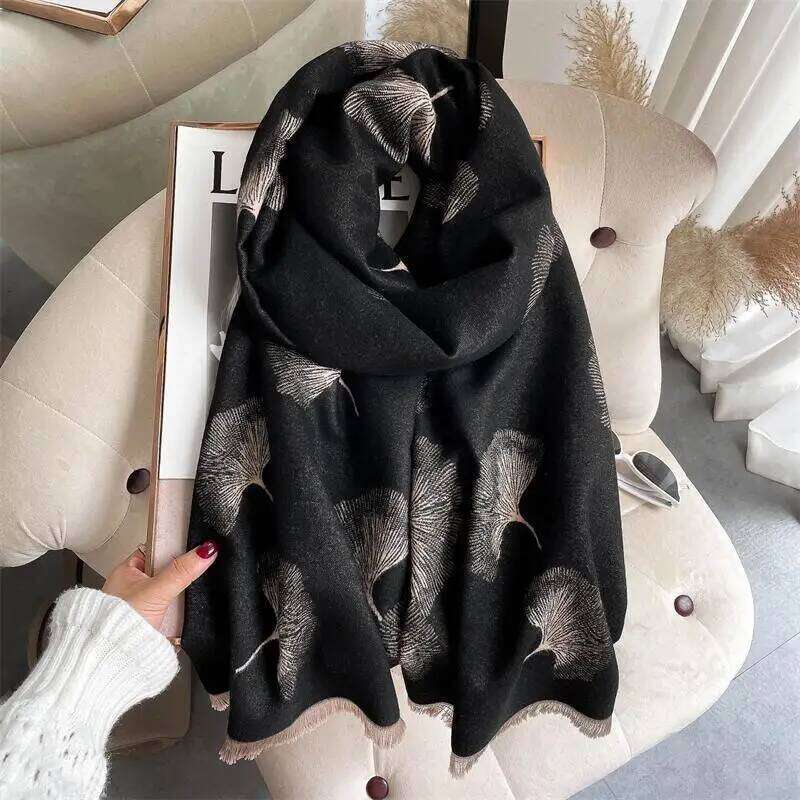 Blue Thick Cashmere Blanket Women Scarf Warm Pashmina Shawl Winter Wraps Bufanda Leaf Print New Design Poncho Echarpe Female XJ260304