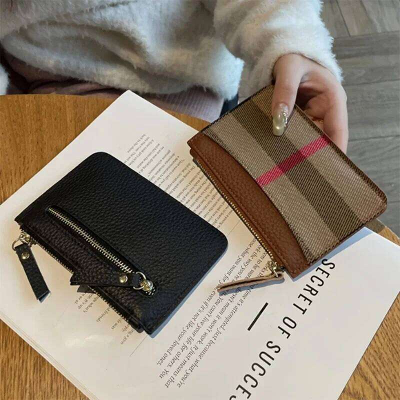 1pc Stylish Vintage Zipper Coin Purse for Women Large Capacity Genuine Leather Wallet, with Key Holder Brown & Beige Plaid Design C260304