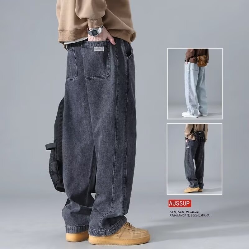 Foreign Trade Washed Vintage Spring Designer Pants And Autumn Jeans For Men High Street Straight Pants Trendy Brand Plus Size Loose Wide-leg Trousers