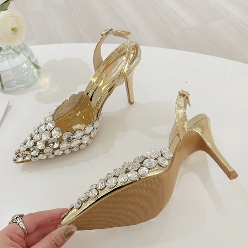 Liyke Elegant Pointed Toe Slingback Stiletto Sandals Crystal Diamonds Women Pumps High Heels Wedding Prom Shoes Zapatos Mujer 260306