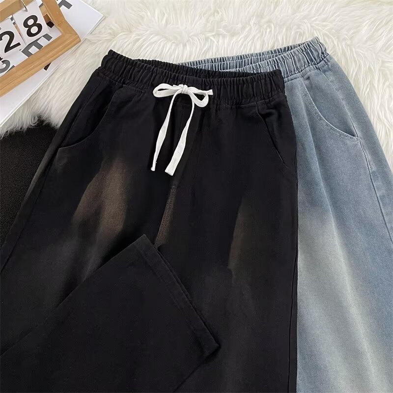 Straight-leg Jeans For Designer Pants Men And Women Petite Size Elastic Waist Wide-leg Loose Fit Light-colored New Model Pants For Students Autumn
