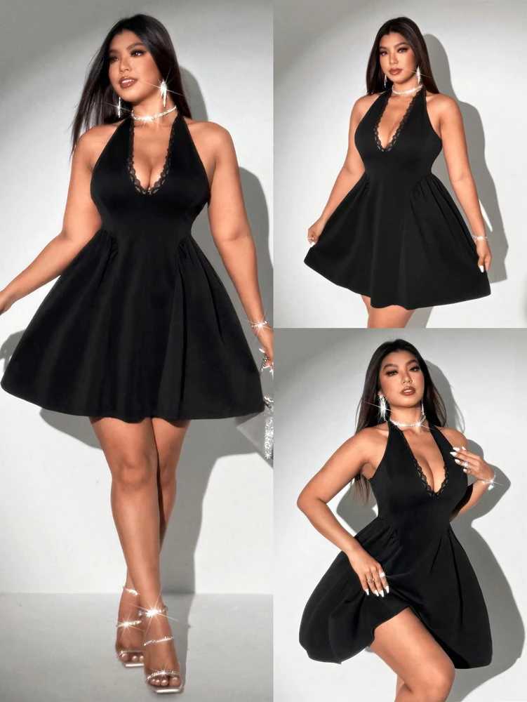 Plus Size Spring/Summer New Arrival Dress V-neck Sensual Lace-trimmed Sleeveless Puff-skirt Evening Gown Solid Colour M260304