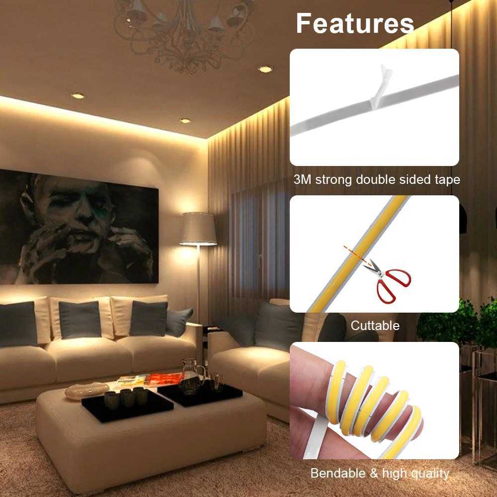 COB LED Strip Light 5V 12V 24V 320 480 384 528 LEDs Flexible Tape 5mm 3mm 8mm PCB Warm Natural White High Density Linear Lights H260304