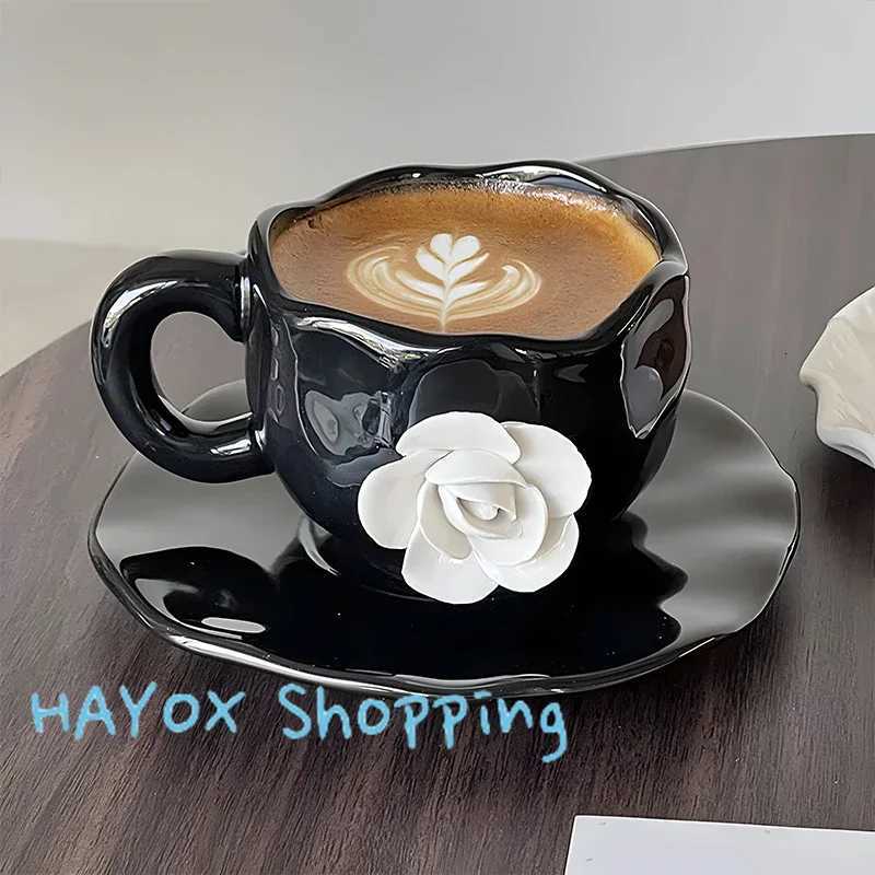 French Camellia Ceramic Coffee Mugs 3D White Rose Breakfast Milk Cup Coffee Cup Saucer Set High Quality Kitchen DrinkwareT260304