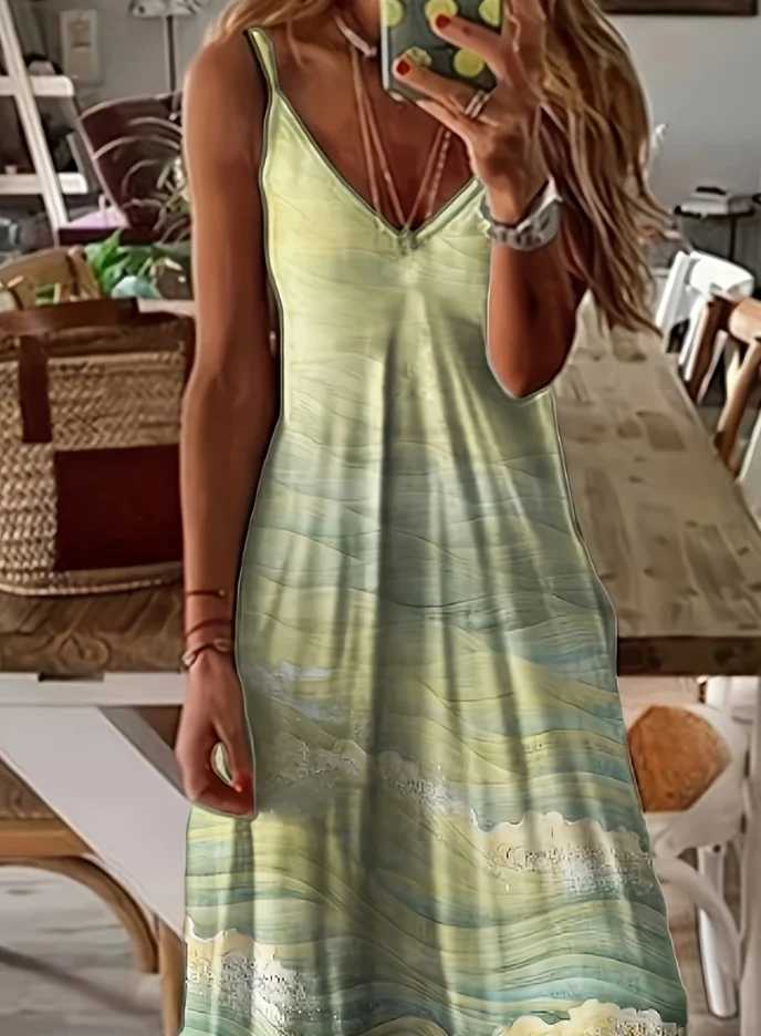 Womens Elegant V-Neck Floral Print Sling Dress Suitable for Daily Wear Vacation Beach Dress M260304