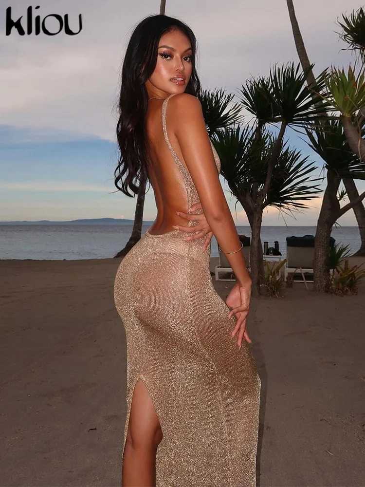 kliou Shiny Long Dress Stunning Women Solid Summer Thin Mesh Sheer Backless Sleeveless Bodycon Female Elegant Fashion Vestidos M260304